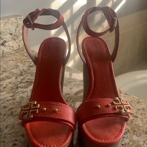 Tory orange wedge sandals. Worn once. Size 7 1/2.